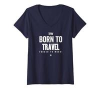 Mujer Funny Born to Travel Forced to Work Vacation Lover Travel Camiseta Cuello V, Azul Marino, XXL