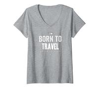 Mujer Funny Born to Travel Forced to Work Vacation Lover Travel Camiseta Cuello V, Gris Jaspeado, M
