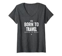 Mujer Funny Born to Travel Forced to Work Vacation Lover Travel Camiseta Cuello V, Jaspeado Oscuro, L
