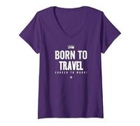 Mujer Funny Born to Travel Forced to Work Vacation Lover Travel Camiseta Cuello V, Morado, XXL
