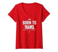 Mujer Funny Born to Travel Forced to Work Vacation Lover Travel Camiseta Cuello V, Rojo, XXL