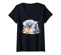 Mujer Funny Camper Dad Gnome At Campfire With Tent Love Camping Camiseta Cuello V