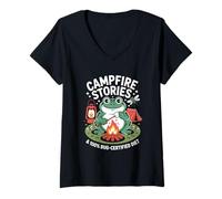 Mujer Funny Campfire Frog Camping Stories Vacaciones Camiseta Cuello V