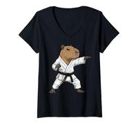 Mujer Funny Capybara Doing Karate Samurai Ninja Capybara Camiseta Cuello V