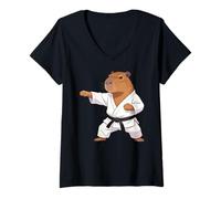 Mujer Funny Capybara Doing Karate Samurai Ninja Capybara Camiseta Cuello V