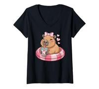 Mujer Funny Capybara on Pool Float Drinking Boba Bubble Tea Camiseta Cuello V