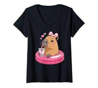 Mujer Funny Capybara on Pool Float Drinking Boba Bubble Tea Camiseta Cuello V
