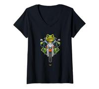 Mujer Funny Cartoon Green Frog Riding a Bike Illustration Graphic Camiseta Cuello V