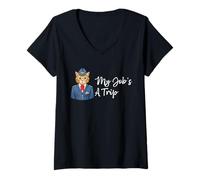 Mujer Funny Cat Azafata Asistente de Vuelo Avión Piloto de línea aérea Camiseta Cuello V