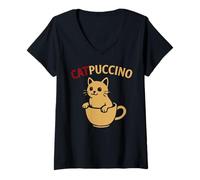 Mujer Funny Cat Coffee TShirt Cute Cappuccino Animal Caffe Design Camiseta Cuello V