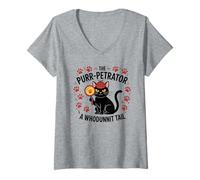 Mujer Funny Cat Detective Purrpetrator Crimen Verdadero Misterio de Asesinato Camiseta Cuello V