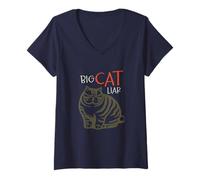 Mujer Funny Cat Juego de Palabras Big Cat Liar Camiseta Cuello V