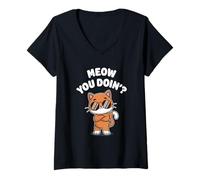 Mujer Funny Cat Meow You Doin? Lindo Gatito Kawaii Gato Cool Cat Meow Camiseta Cuello V