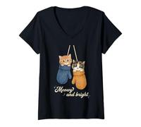 Mujer Funny Cat Mittens Vintage Christmas Retro Kitten Cat Lover Camiseta Cuello V