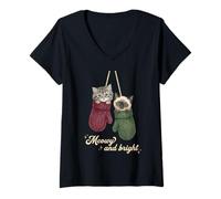 Mujer Funny Cat Mittens Vintage Christmas Retro Kitten Cat Lover Camiseta Cuello V