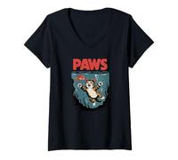 Mujer Funny Cat Paws Parody Design - Cute Kitten & Fish Cartoon Camiseta Cuello V