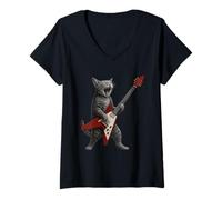 Mujer Funny Cat Playing Guitar Rock Men Women Kids Camiseta Cuello V