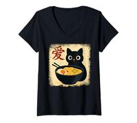 Mujer Funny Cat Ramen Graphic Japanese Kawaii Manga Anime Camiseta Cuello V
