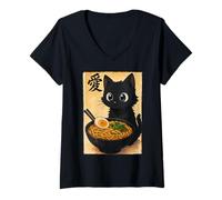 Mujer Funny Cat Ramen Graphic Japanese Kawaii Manga Anime Camiseta Cuello V