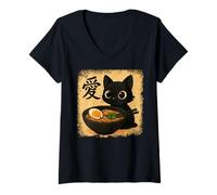 Mujer Funny Cat Ramen Graphic Japanese Kawaii Manga Anime Camiseta Cuello V