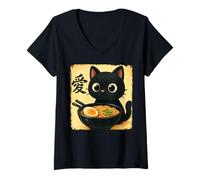 Mujer Funny Cat Ramen Graphic Japanese Kawaii Manga Anime Camiseta Cuello V