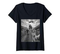 Mujer Funny Cat Selfie Bigfoot Corriendo De T Rex Y OVNIs Camiseta Cuello V
