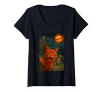 Mujer Funny Cat Selfie Santa Snowman Noche Estrellada Cozy Christmas Camiseta Cuello V