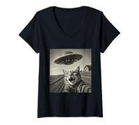Mujer Funny Cat Selfie UFO Alien Invasión Extraterrestre Visita Camiseta Cuello V