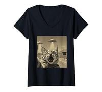 Mujer Funny Cat Selfie UFO Extraterrestre Encuentro Visitación Camiseta Cuello V