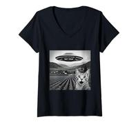 Mujer Funny Cat Selfie UFO UAP Aliens Extraterrestre Visitación Camiseta Cuello V