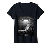Mujer Funny Cat Selfie with Alien UFO Encounter Fun For Boys Girls Camiseta Cuello V