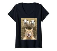 Mujer Funny Cat Selfie with Sheep Cute Farm Animal Kids & Adults Camiseta Cuello V