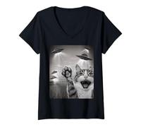 Mujer Funny Cat Selfie with UFOs - Alien Adventure tee Camiseta Cuello V