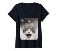 Mujer Funny Cat Selfie with UFOs - Alien Adventure tee Camiseta Cuello V