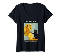 Mujer Funny Cat Trouble Maker Sunflowers Jarrón Van Gogh Parodia Camiseta Cuello V
