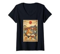Mujer Funny Cats Sumo Wrestling Arte japonés Anime Ukiyo-e Gráfico Camiseta Cuello V