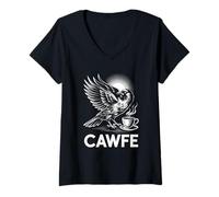Mujer Funny Cawfe Cuervo Diciendo Café Juego de Palabras Humor Mañana Broma Mamá Camiseta Cuello V