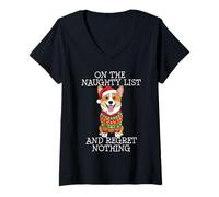 Mujer Funny Christmas Cardigan Welsh Corgi Naughty List Camiseta Cuello V