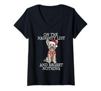 Mujer Funny Christmas Chinese Crested Naughty List Camiseta Cuello V