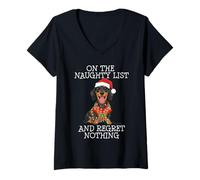 Mujer Funny Christmas Dachshund Naughty List Camiseta Cuello V