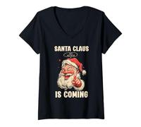 Mujer Funny Christmas Santa Claus Is Coming Hilarante Navidad Camiseta Cuello V
