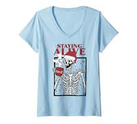 Mujer Funny Christmas Skeleton Drinking Coffee Skull Staying Alive Camiseta Cuello V