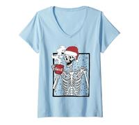 Mujer Funny Christmas Skeleton Drinking Coffee Smiling Skull Camiseta Cuello V
