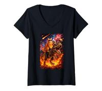 Mujer Funny Coffee Orange Cat Riding T-Rex in Cosmic Galaxy UFO Camiseta Cuello V