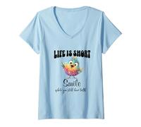 Mujer Funny Colorful Bird Shirt Cute Bird Humor tee Life Is Short Camiseta Cuello V