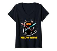 Mujer Funny Cool Space Meow Wars Cats Short Sleeve Graphic Fun Camiseta Cuello V