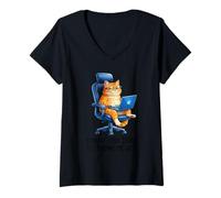 Mujer Funny Coworker Meme Orange Cat Morning Mood Emails Meme Pun Camiseta Cuello V