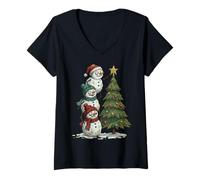 Mujer Funny Crazy Snowmen Topper Stack Decorating Christmas Tree Camiseta Cuello V