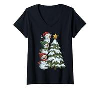 Mujer Funny Crazy Snowmen Topper Stack Decorating Christmas Tree Camiseta Cuello V
