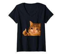 Mujer Funny Crying Tabby Cat Meme Thumbs-up Weird Cat Face Meme Camiseta Cuello V
